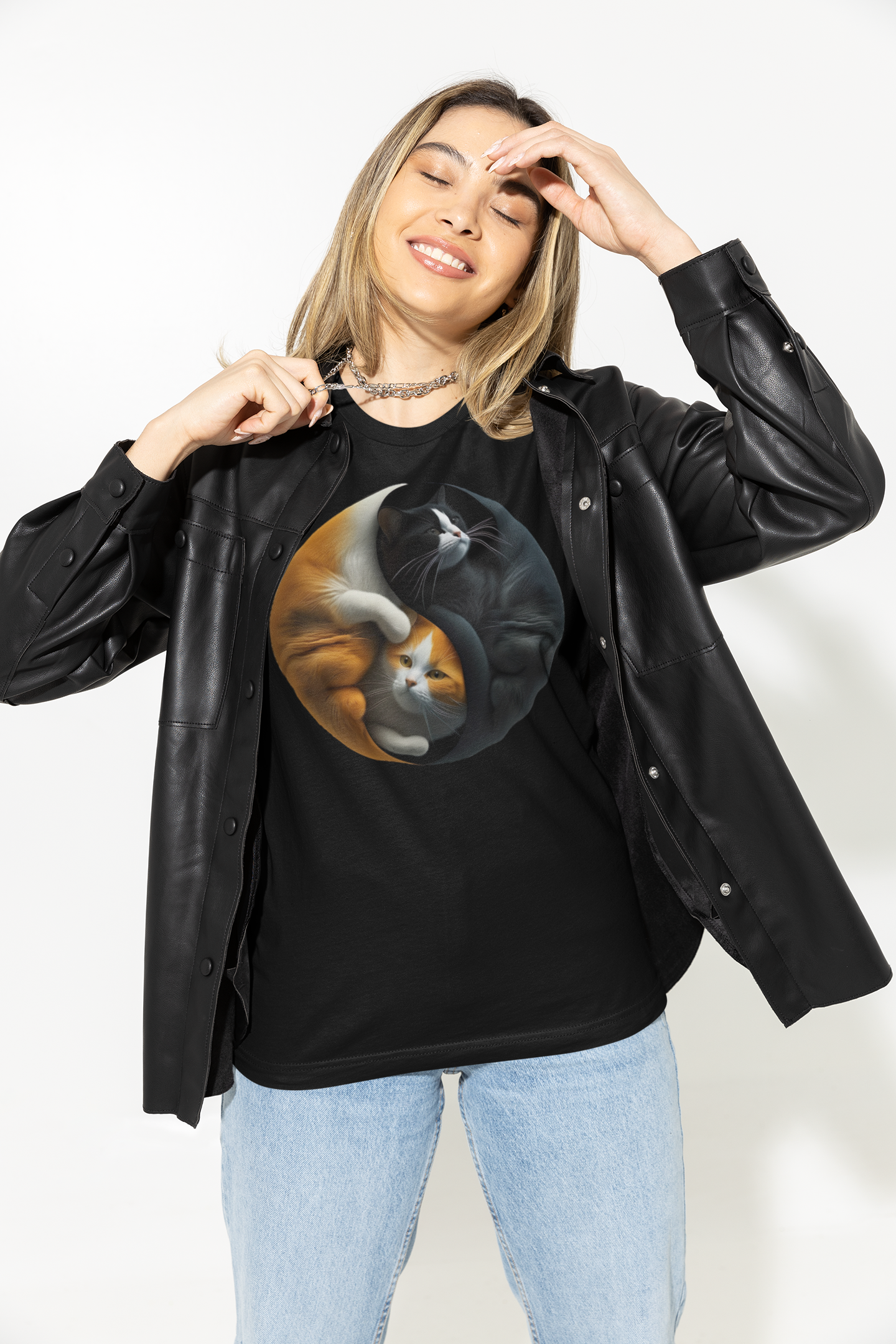 Kawaii Unisex Anime T-shirt - Yin-Yang Neko Harmony