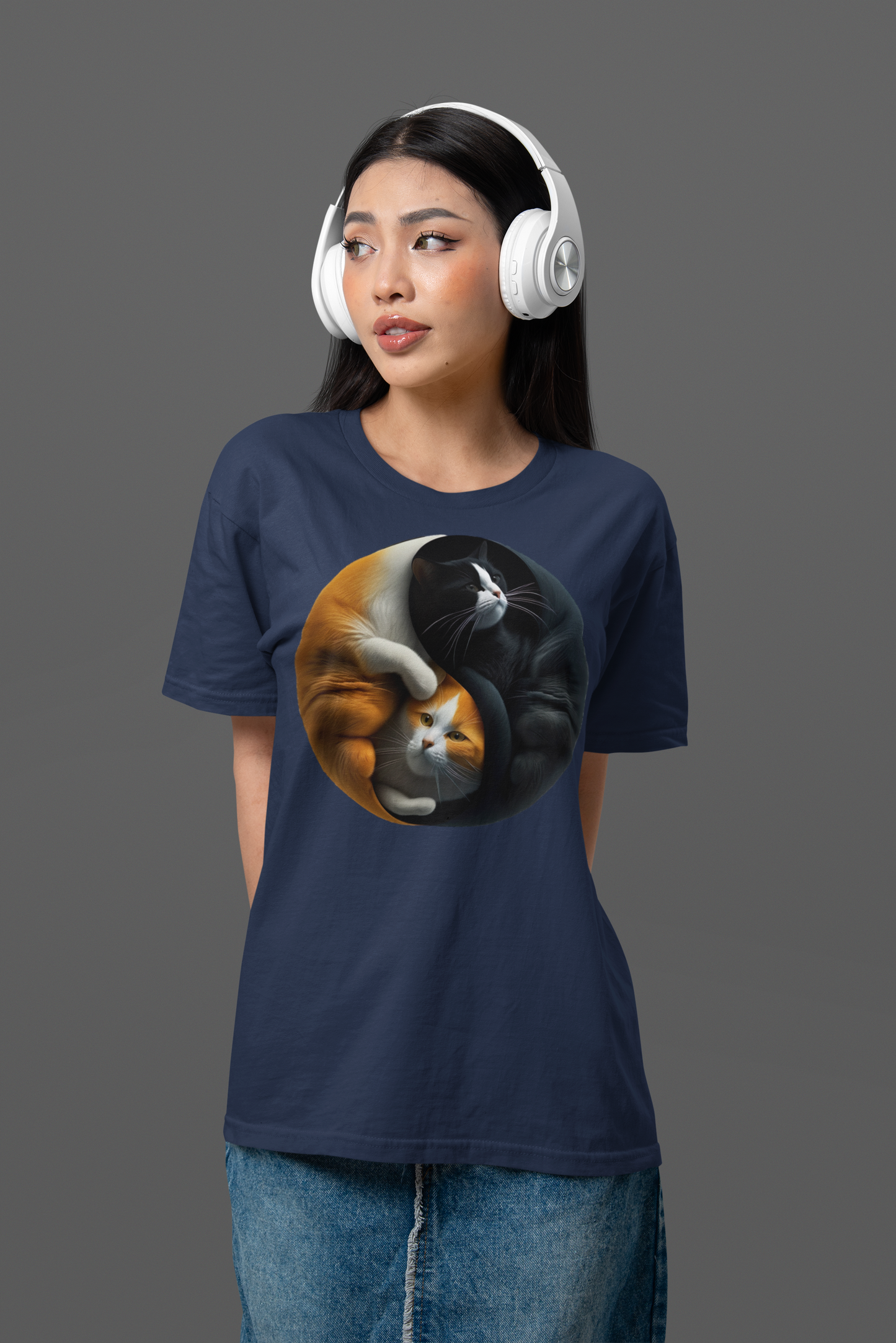 Kawaii Unisex Anime T-shirt - Yin-Yang Neko Harmony