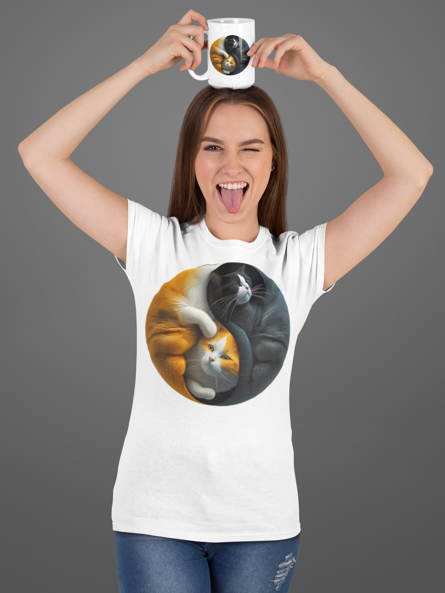 Kawaii Unisex Anime T-shirt - Yin-Yang Neko Harmony